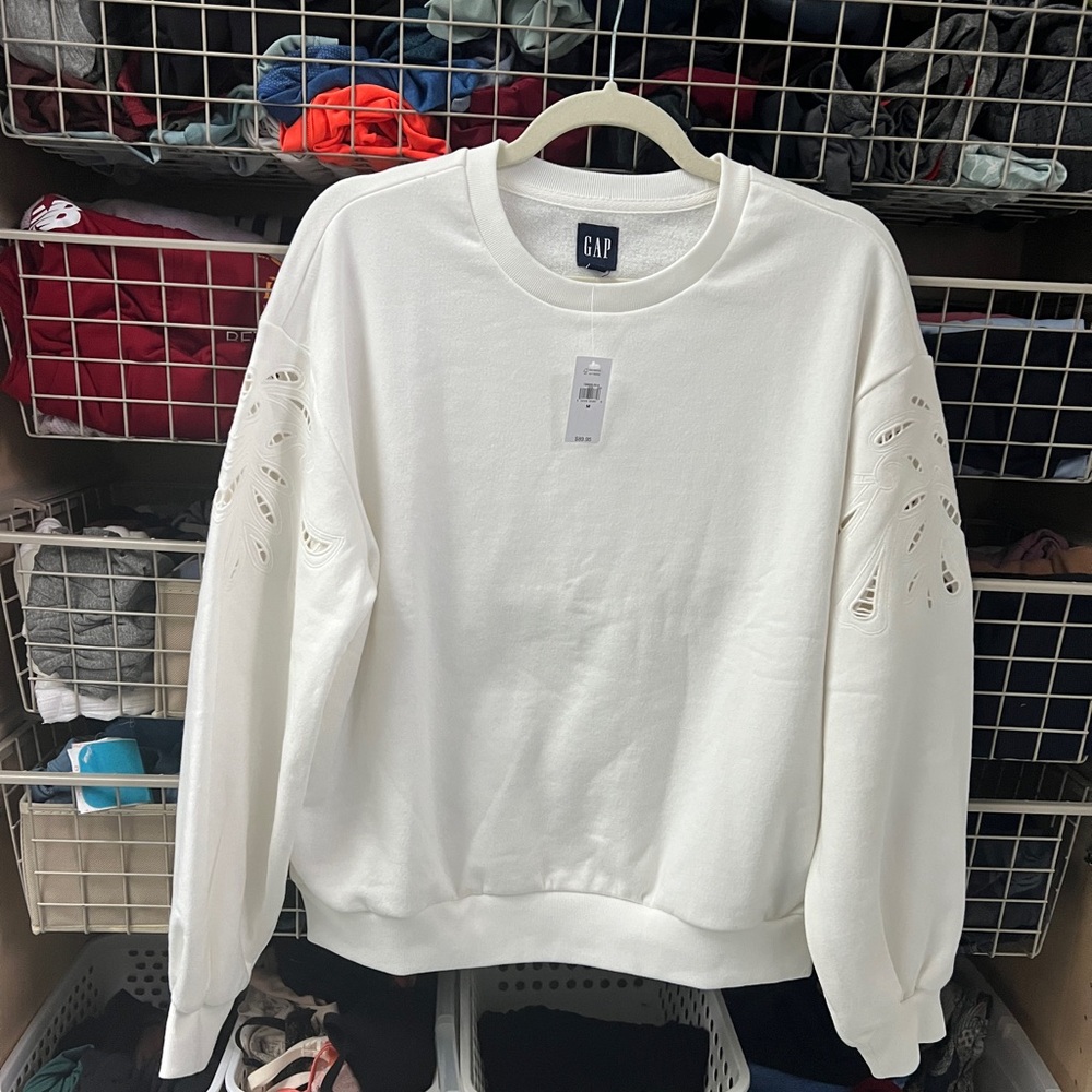 GAP White Crewneck Sweater, open embroidered sleeve detail, Classic Cotton Blend